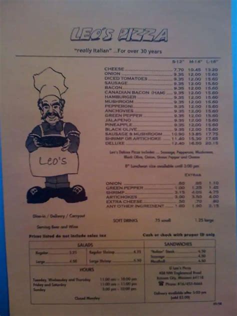 Leo's Pizza Menu, Menu for Leo's Pizza, Kansas City North, Kansas City, Missouri - Urbanspoon/Zomato