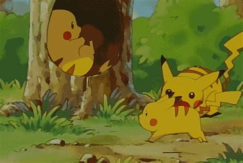 two pikachu in front of a tree and another pokemon character behind the trees