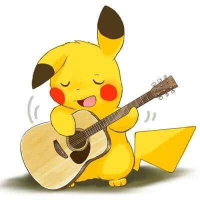 pikachu playing guitar while sitting on the ground