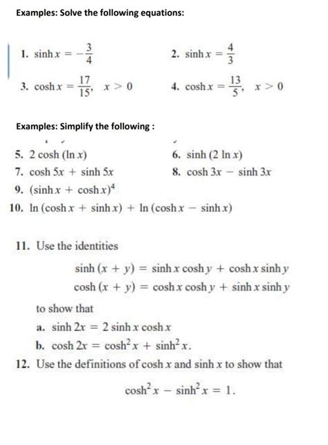 Solved Examples: Solve the following equations: 1. sinh x = | Chegg.com