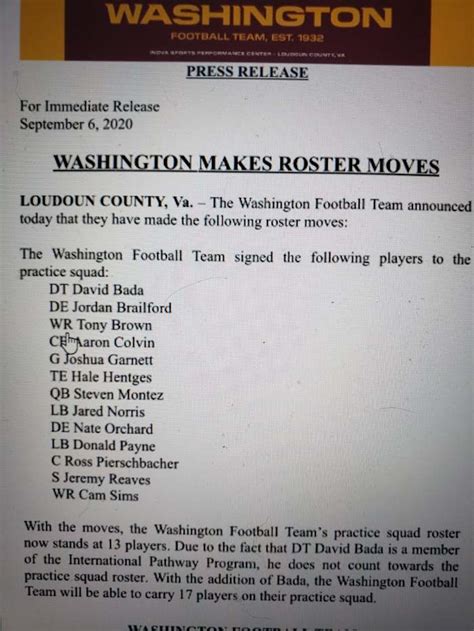 Washington Football Team Roster Tracker - Sunday - Sports Illustrated Washington Football News ...