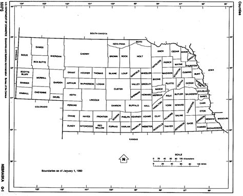 Nebraska State map with counties outline and location of each county in NE, printable free