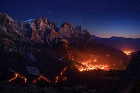 Wallpaper : lights, mountains, night, sky, stars, sunrise, evening, fire, valley, dusk, Alps ...