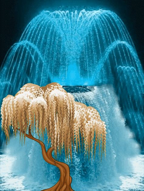 a tree is in front of a waterfall with water cascading from it's sides