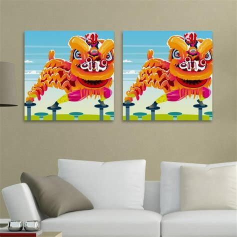 OWNTA Chinese Traditional Lion Dance Poses Pattern 2PC Canvas Wall Art ...