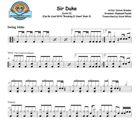 Stevie Wonder, Sir Duke Drum Transcription Level 3