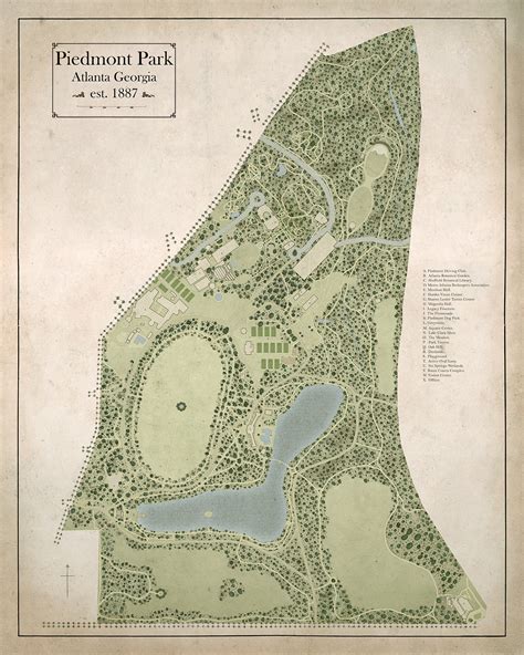 Piedmont Park Map [Piedmont Park Vertical] - $230.00 : Nostalgia Fine ...