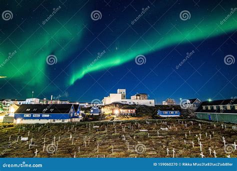 Nuuk City at Night stock photo. Image of church, city - 159060270