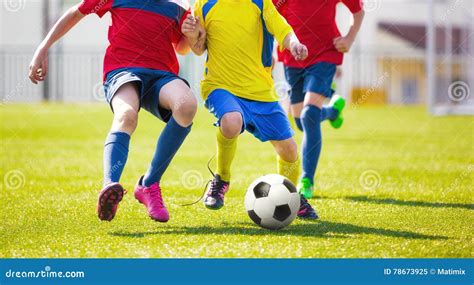 Children Play Football. Soccer Football Game for Youth Stock Image - Image of friendship, goal ...