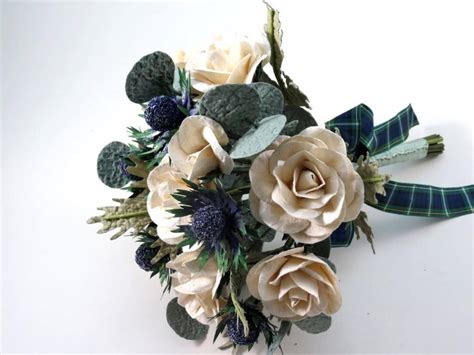 Sea Holly And Cream Ivory Roses Bridal Tartan Paper Bouquet #2426026 - Weddbook