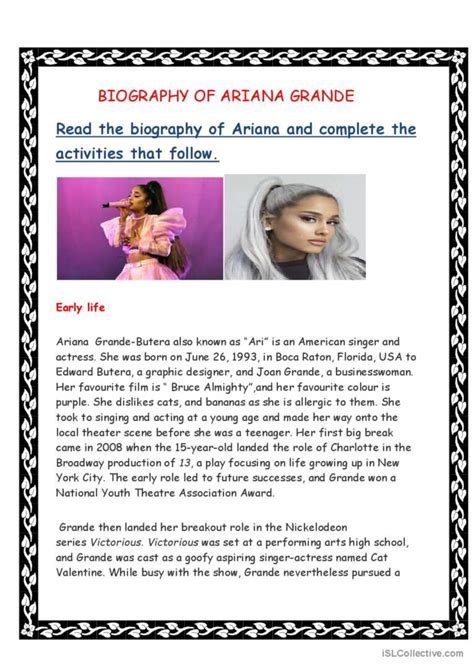 Biography of Ariana Grande: English ESL worksheets pdf & doc