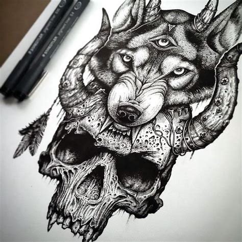 Amazing tattoo design of wolf and skull. Style: Black and Gray. Color ...