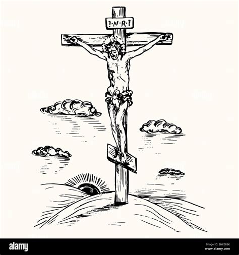 Jesus Christ crucified, Golgotha landscape with dark sun and clouds. Ink black and white doodle ...