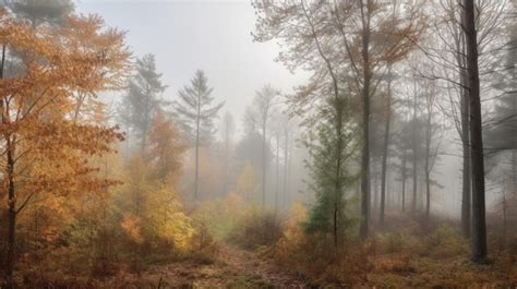 Premium AI Image | A foggy forest with a path leading to the forest.