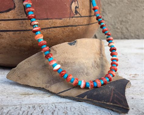 Spiny Oyster Bead Turquoise Heishi Necklace 17 for Women, Native American Indian Jewelry Southwest