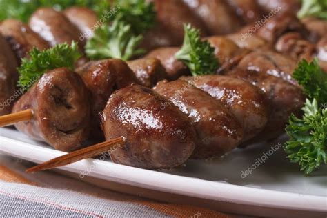 Grilled chicken hearts on skewers macro horizontal — Stock Photo ...