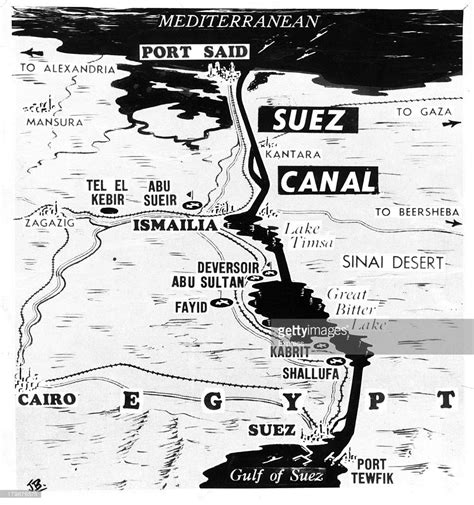 This map gives the location of former British bases in the Suez Canal zone, in Egypt, 11/1/1956 ...