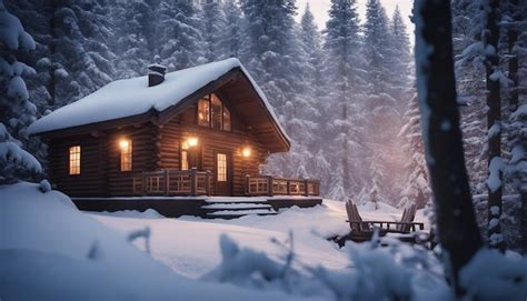 Premium AI Image | A cozy log cabin nestled in a snowy forest with warm ...