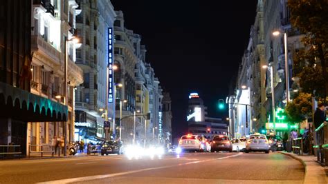 MADRID, SPAIN - APRIL 2015. Downtown Gran Via At Night Timelapse In ...