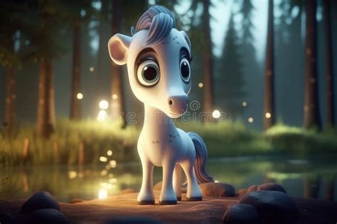 Cute Cartoon Horse with Very Big Eyes and Pitying Gaze a Forest with a Glowing Lake. Generative ...