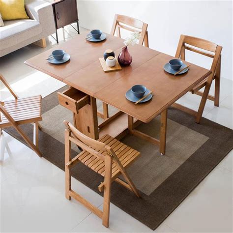 Modern Space Saving Multifunctional Solid Wood Folding Dining Table Set 58" 5-Piece Dining Table ...