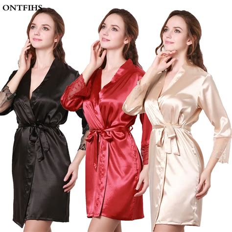 Silk Satin Kimono Robes For Women's Clothing Long Sleeve Sleepwear Lace ...