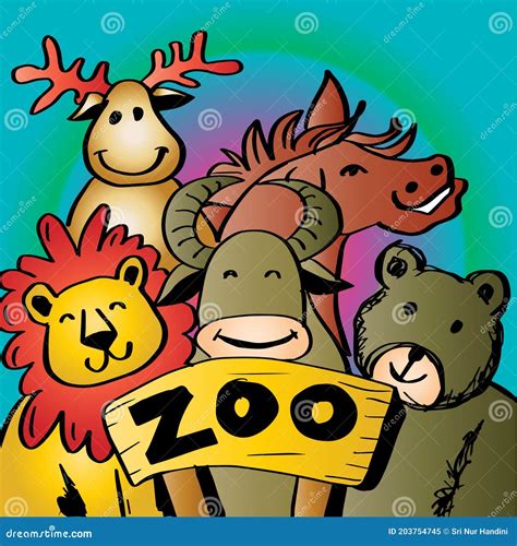 Cute Zoo Animals Vector Illustration, Line Art Hand Drawing Stock ...