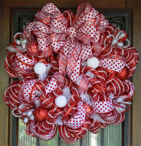 Red and White Christmas Deco Mesh Wreath - Etsy | Deco mesh christmas ...