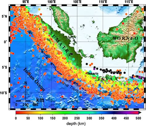 Seismicity along the Java trench based on the USGS-NEIC catalog from... | Download Scientific ...