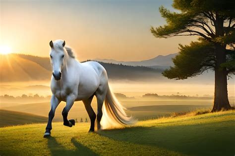 Premium Photo | A white horse is running in a field with mountains in the background.