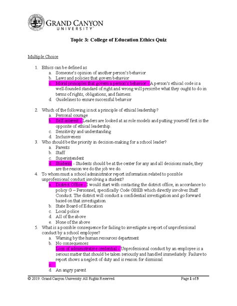 EAD-505-T3-Ethics Quiz - Topic 3: College of Education Ethics Quiz Multiple Choice Ethics can be ...