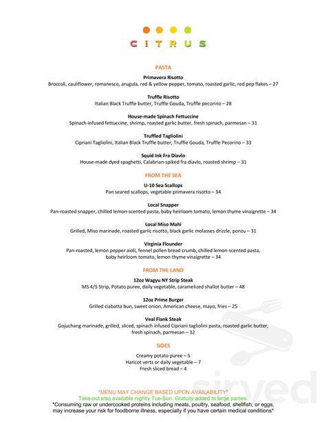 Citrus Grillhouse menu in Vero Beach, Florida, USA