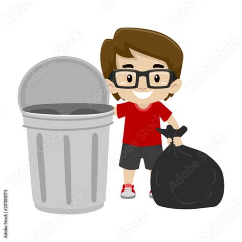 Vector Illustration of a Little Boy throwing the garbage bag in the trash can - Buy this stock ...