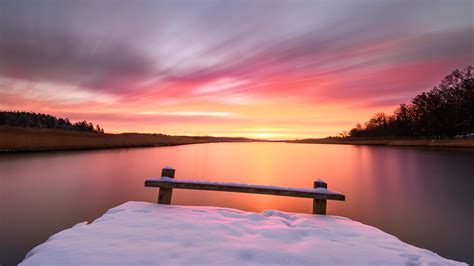 Red Sky Morning Winter Snow Bench 5k Wallpaper,HD Nature Wallpapers,4k ...