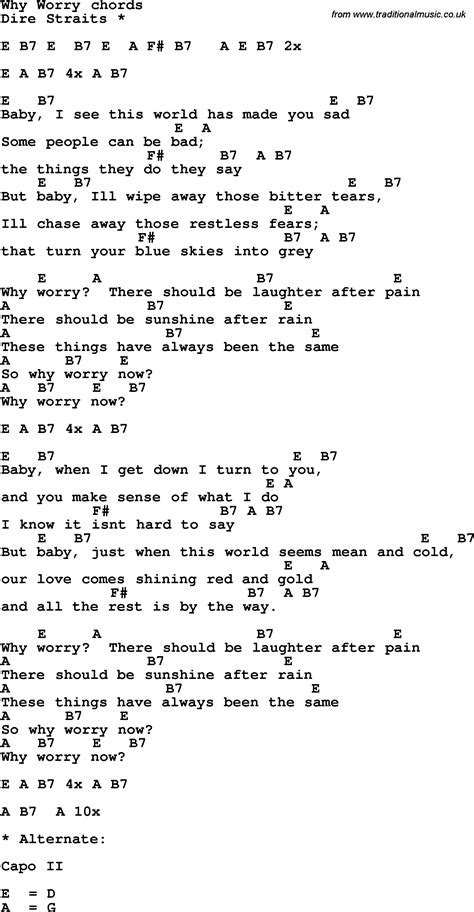 Song lyrics with guitar chords for Why Worry