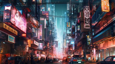 A bustling cyberpunk cityscape with towering neon-lit skyscrapers and ...