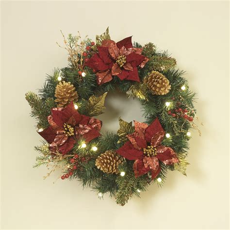 Artificial Christmas Wreaths - Woodland Poinsettia Battery Operated LED ...