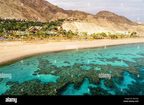 Coral reef of Aqaba Bay in Red Sea, empty beach and desert near Eilat, Israel. Contrast between ...