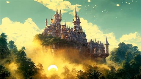 Premium Photo | Magical castle above the sun background