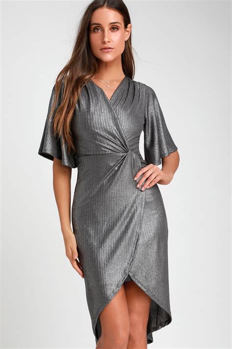 You're the Stun Charcoal Grey Metallic Midi Dress | Fashion, Grey wrap dress, Charcoal grey dress