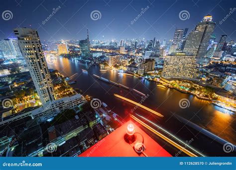 Bangkok skyline at night stock photo. Image of boat - 112628570