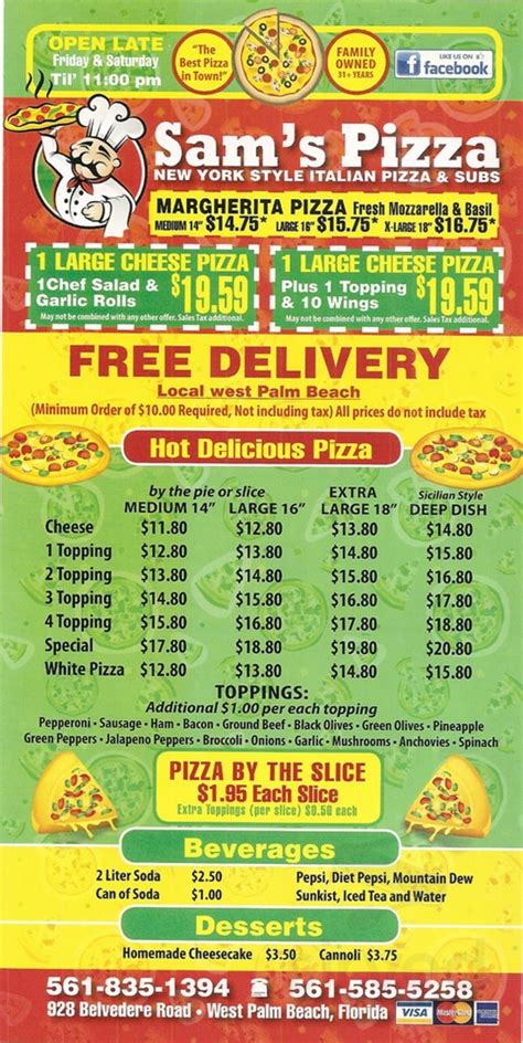 Sam's Pizza menu in West Palm Beach, Florida, USA