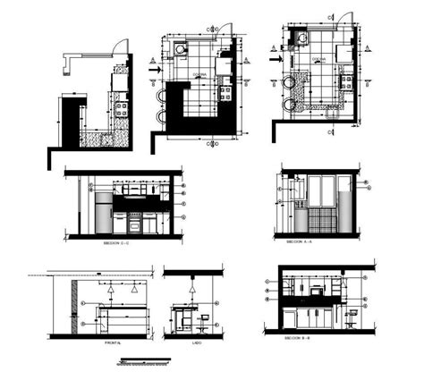 Kitchen layout plan and section detail 2d view CAD structure file in dwg format - Cadbull