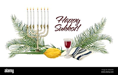 Happy Sukkot greeting banner watercolor illustration isolated on white background for Jewish ...