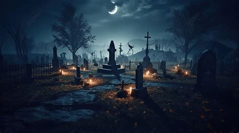 Creepy Graveyard Scene With Lights On And Graves Background, 3d Rendering Halloween Background ...