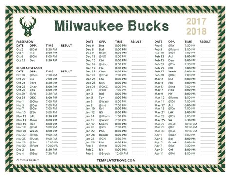 Printable 2017-2018 Milwaukee Bucks Schedule