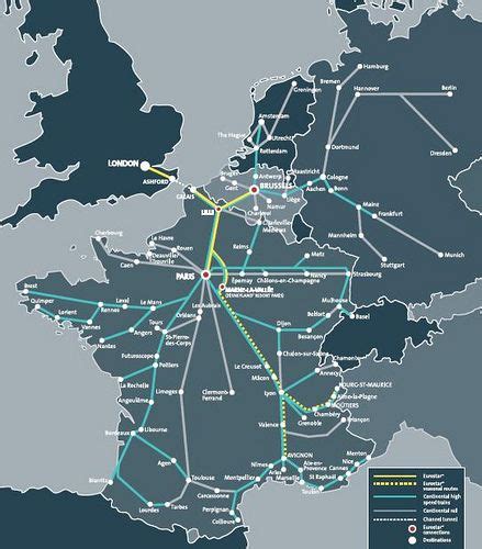 Map of Eurostar & connecting high-speed train routes | Train route, European train travel, Train map