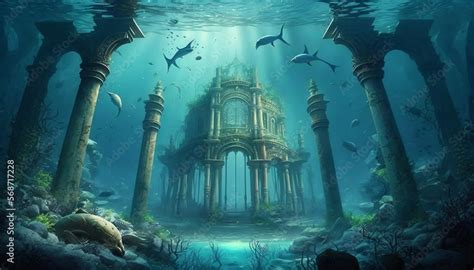 atlantis underwater scene, magic blue ocean with ancient temple ruins ...