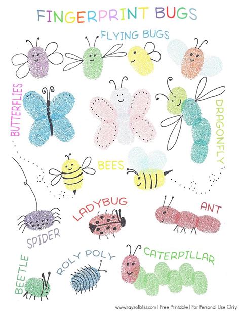 Bugs Fingerprint Art, Fun Kids Art Project. Free Printable Guide for ...