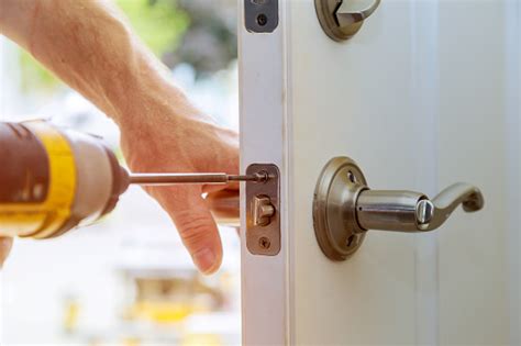 Installation Locked Interior Door Knobs Closeup Woodworker Hands Install Lock Stock Photo ...